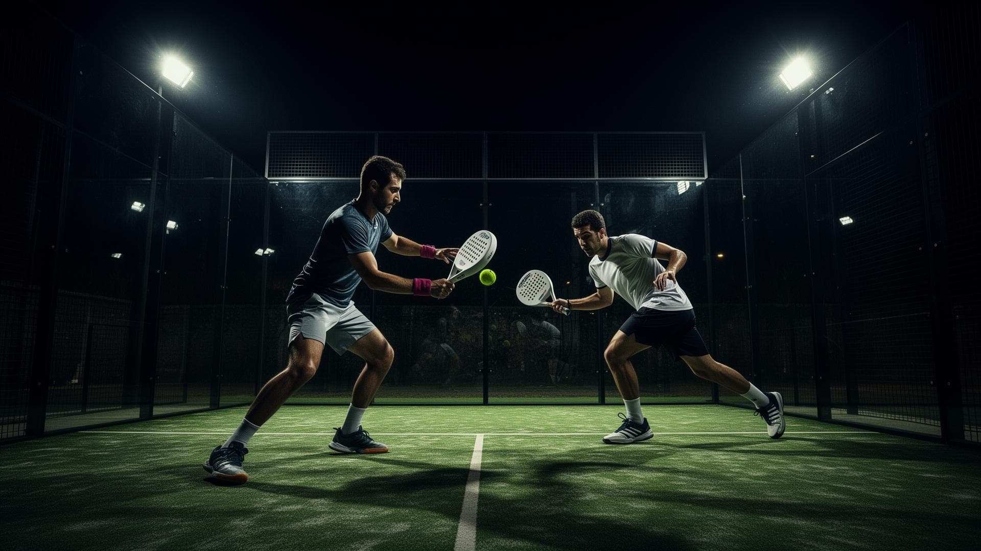 Padel players in action under stadium lights