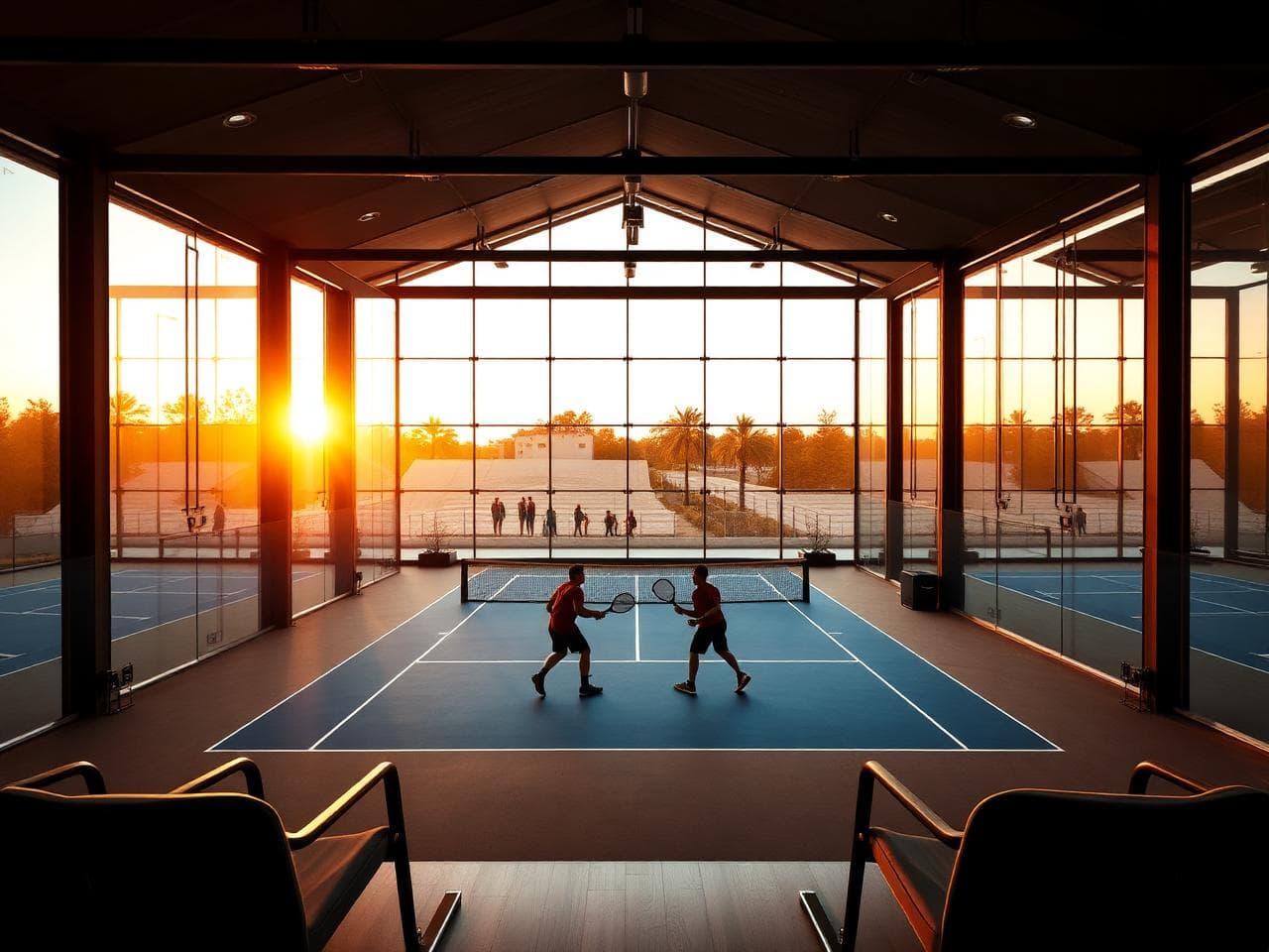 Padel club interior at golden hour